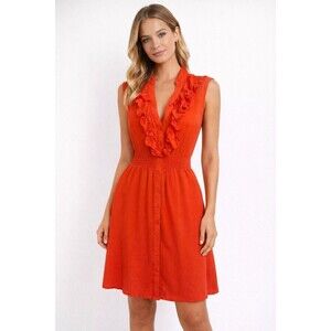 Body Central Ruffle Front Button Dress Womens Large Red Sleeveless Smocked Waist